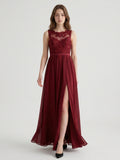 Burgundy Satin A-Line Scoop Neck V-Back Ankle-Length Bridesmaid Dress with Bow