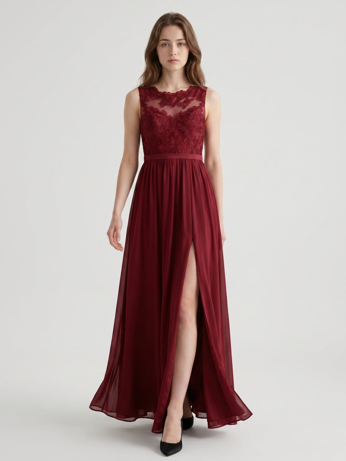 Burgundy Satin A-Line Scoop Neck V-Back Ankle-Length Bridesmaid Dress with Bow