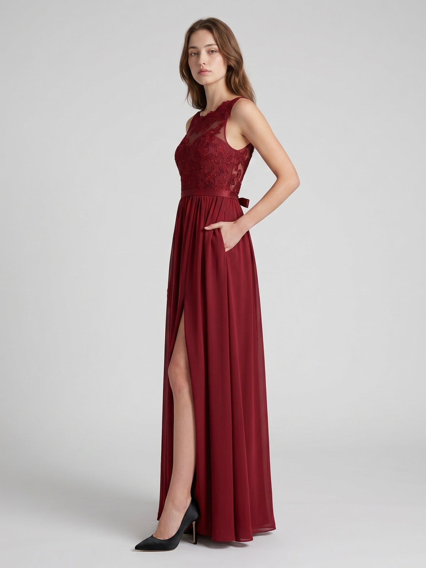 Burgundy Satin A-Line Scoop Neck V-Back Ankle-Length Bridesmaid Dress with Bow