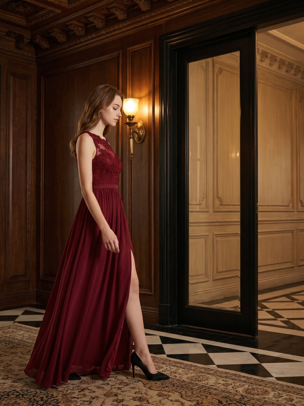 Burgundy Satin A-Line Scoop Neck V-Back Ankle-Length Bridesmaid Dress with Bow