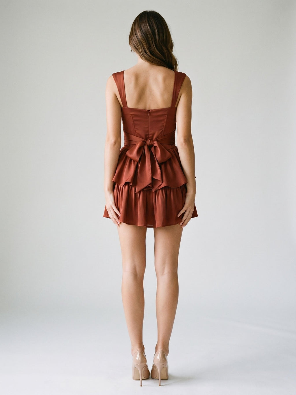 Burgundy Satin A-Line Square Neck Back Zip Short Dress with Cascading Ruffles