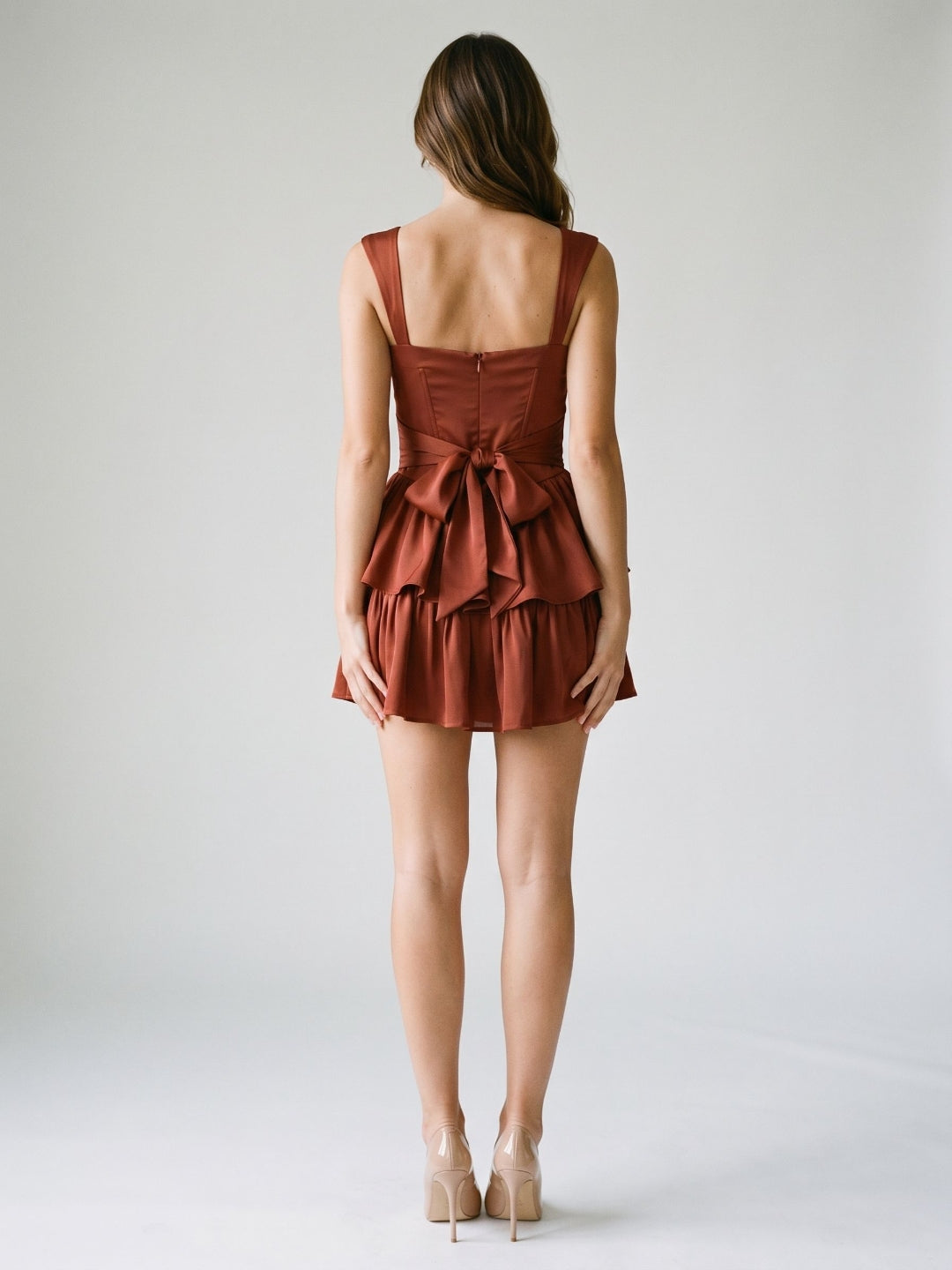 Burgundy Satin A-Line Square Neck Back Zip Short Dress with Cascading Ruffles