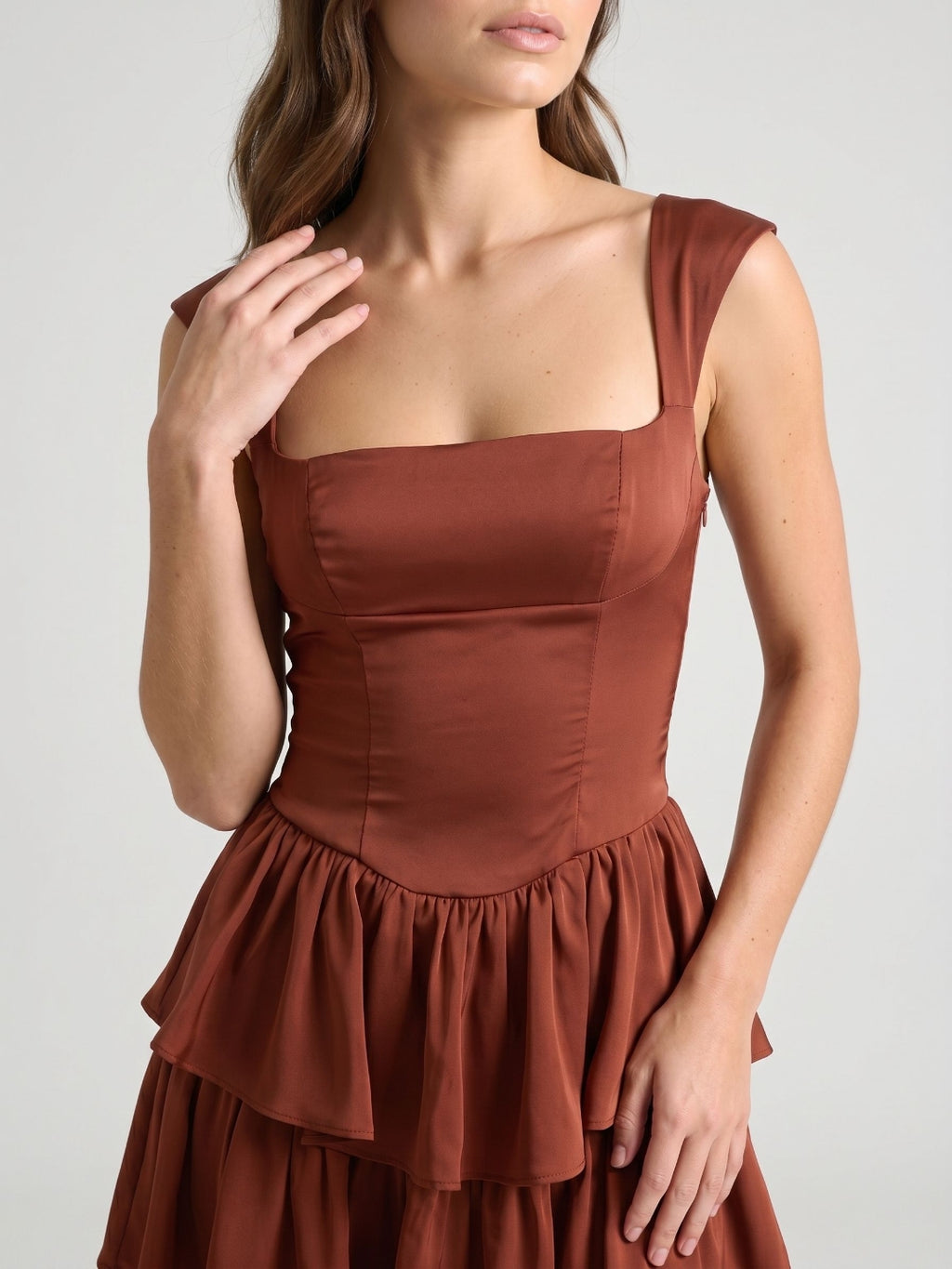 Burgundy Satin A-Line Square Neck Back Zip Short Dress with Cascading Ruffles