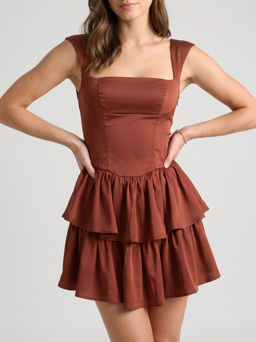 Burgundy Satin A-Line Square Neck Back Zip Short Dress with Cascading Ruffles