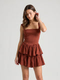 Burgundy Satin A-Line Square Neck Back Zip Short Dress with Cascading Ruffles