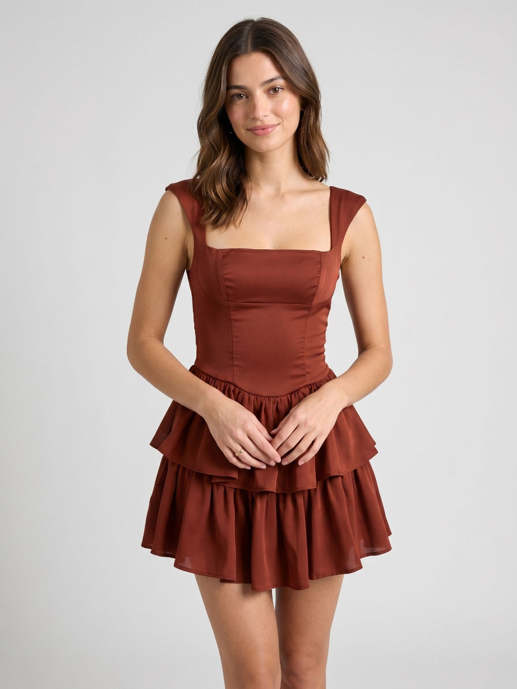 Burgundy Satin A-Line Square Neck Back Zip Short Dress with Cascading Ruffles