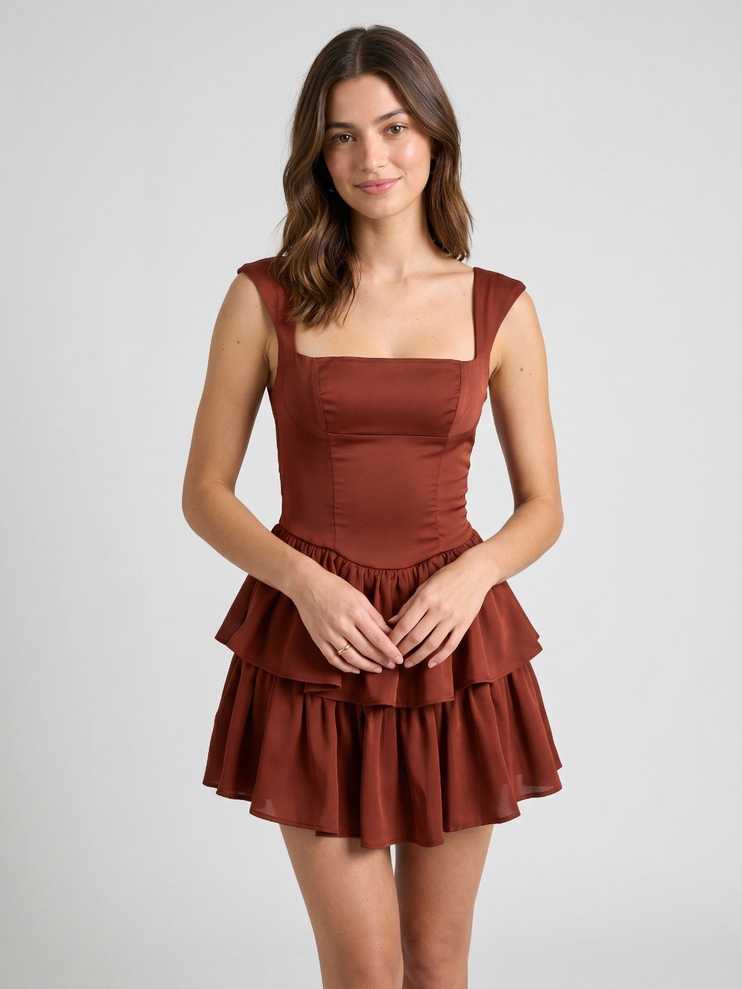 Burgundy Satin A-Line Square Neck Back Zip Short Dress with Cascading Ruffles