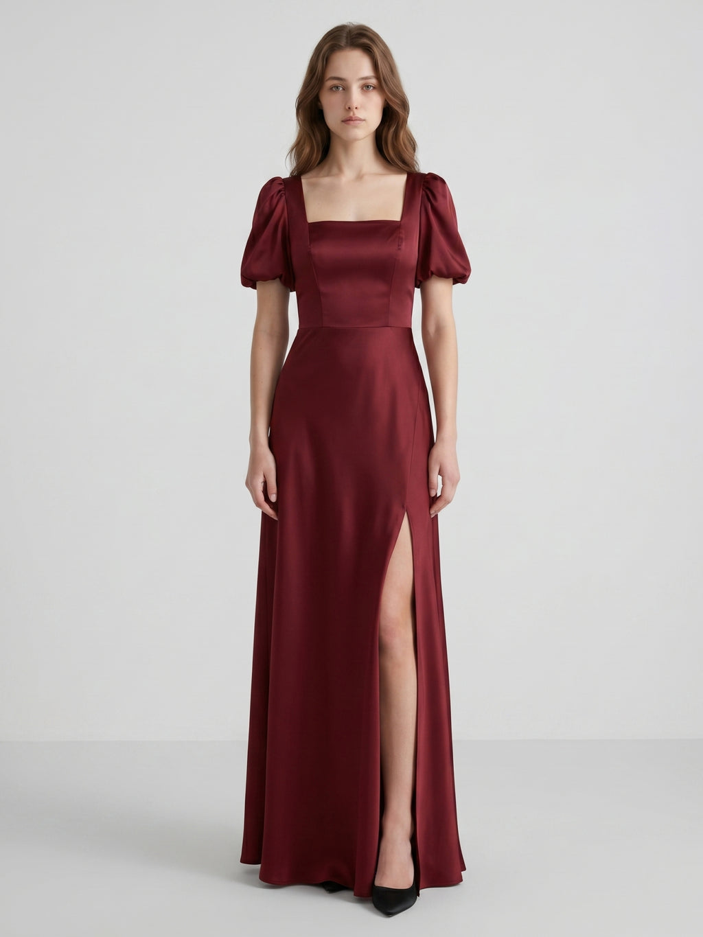 Burgundy Satin A-Line Square Neck Backless Floor-Length Bridesmaid Dress with Pleats