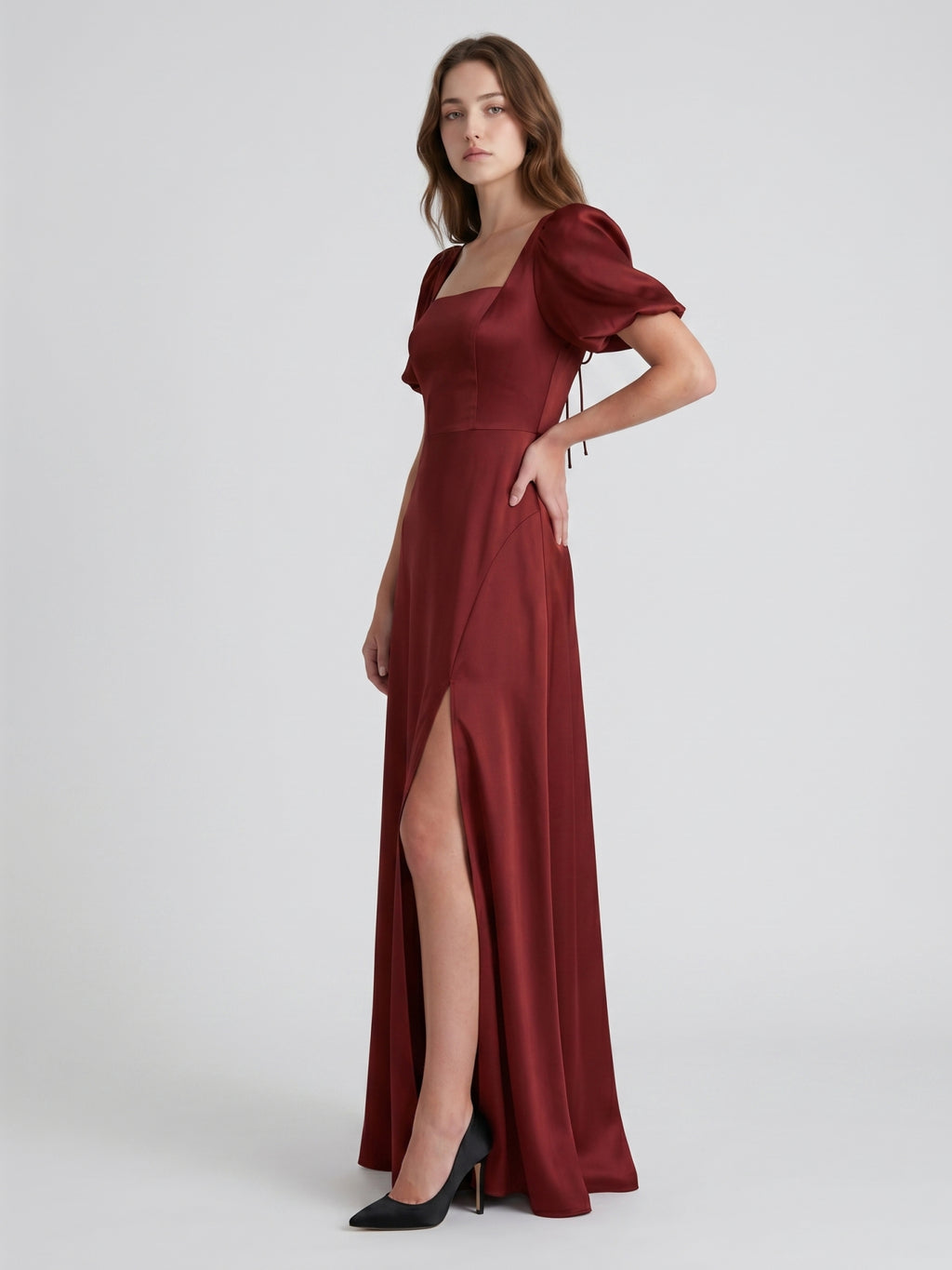 Burgundy Satin A-Line Square Neck Backless Floor-Length Bridesmaid Dress with Pleats