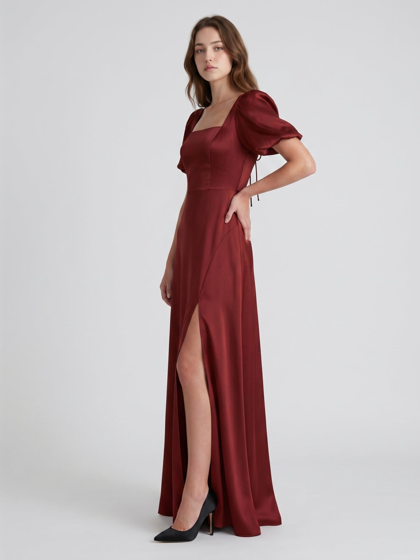Burgundy Satin A-Line Square Neck Backless Floor-Length Bridesmaid Dress with Pleats
