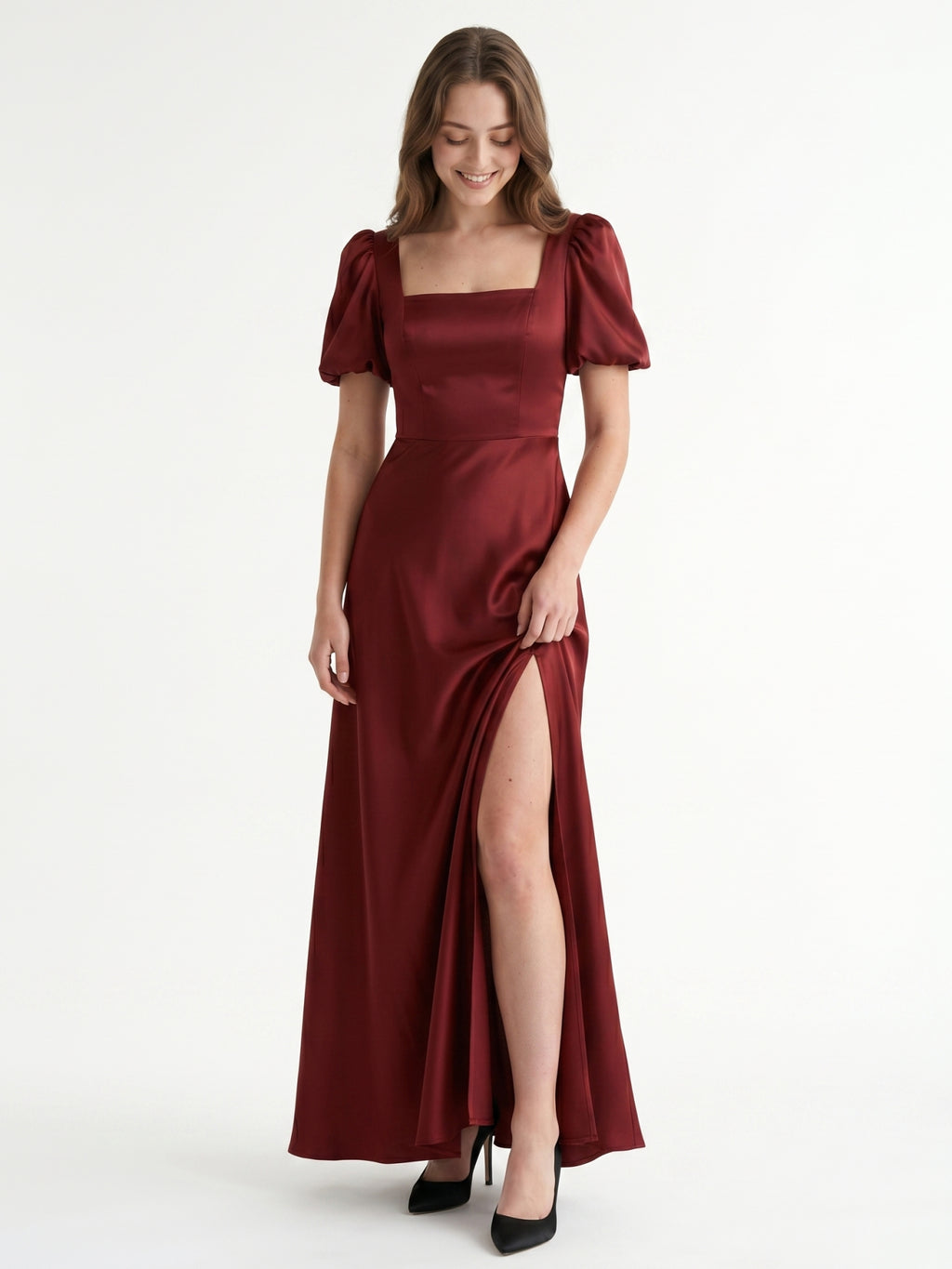 Burgundy Satin A-Line Square Neck Backless Floor-Length Bridesmaid Dress with Pleats