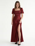 Burgundy Satin A-Line Square Neck Backless Floor-Length Bridesmaid Dress with Pleats