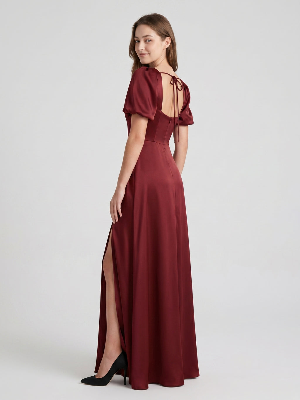 Burgundy Satin A-Line Square Neck Backless Floor-Length Bridesmaid Dress with Pleats