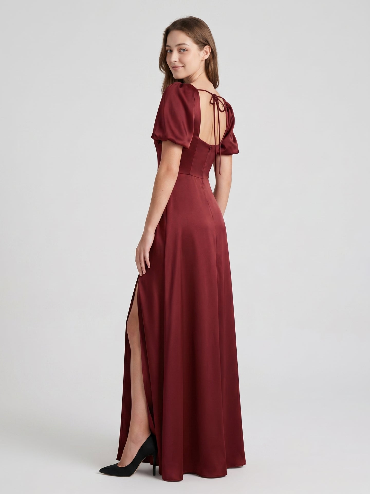 Burgundy Satin A-Line Square Neck Backless Floor-Length Bridesmaid Dress with Pleats
