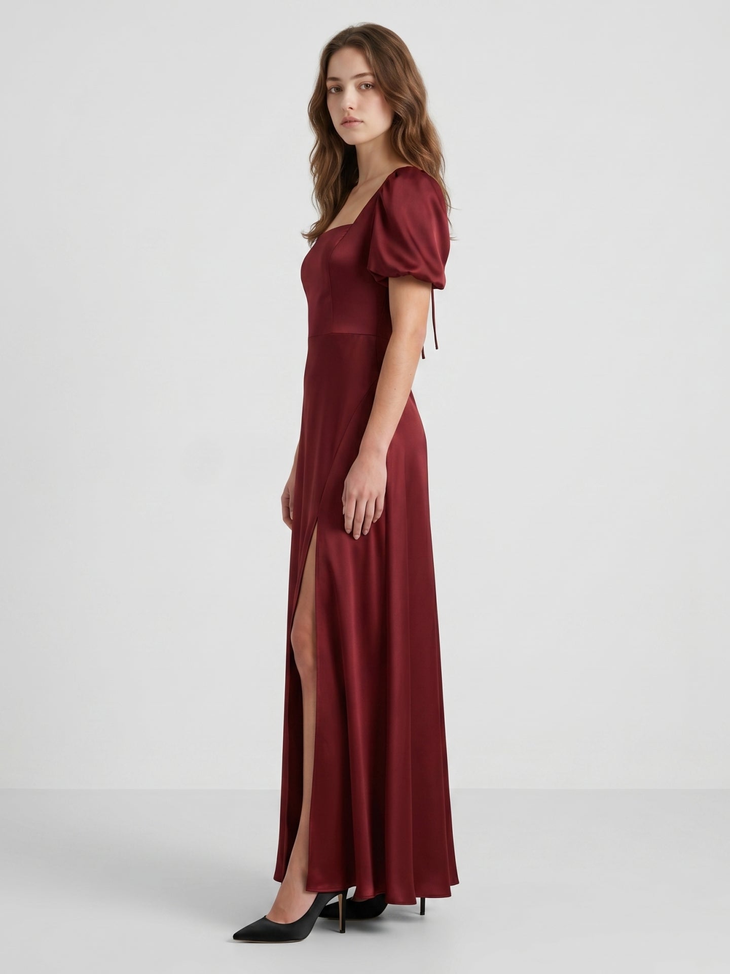 Burgundy Satin A-Line Square Neck Backless Floor-Length Bridesmaid Dress with Pleats