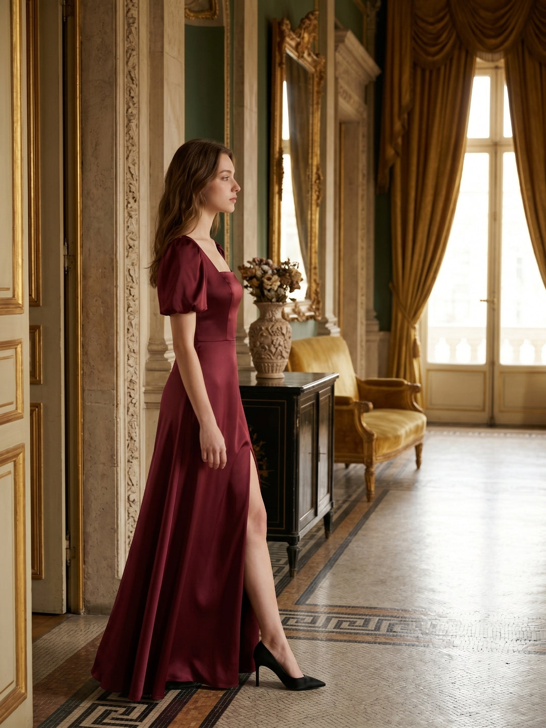 Burgundy Satin A-Line Square Neck Backless Floor-Length Bridesmaid Dress with Pleats
