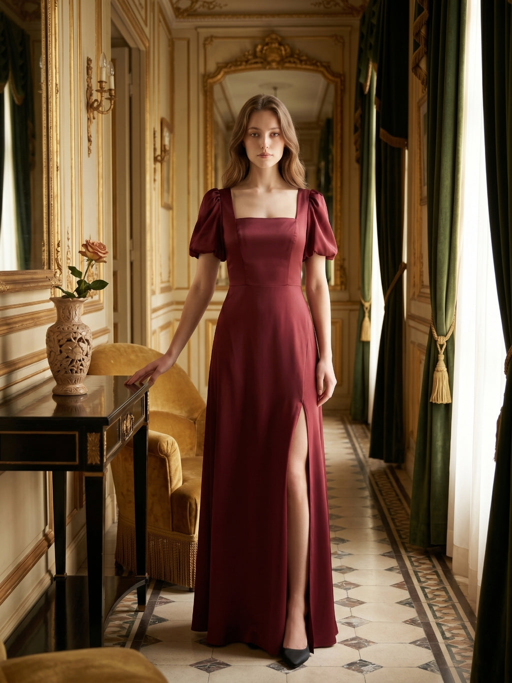 Burgundy Satin A-Line Square Neck Backless Floor-Length Bridesmaid Dress with Pleats