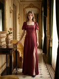 Burgundy Satin A-Line Square Neck Backless Floor-Length Bridesmaid Dress with Pleats