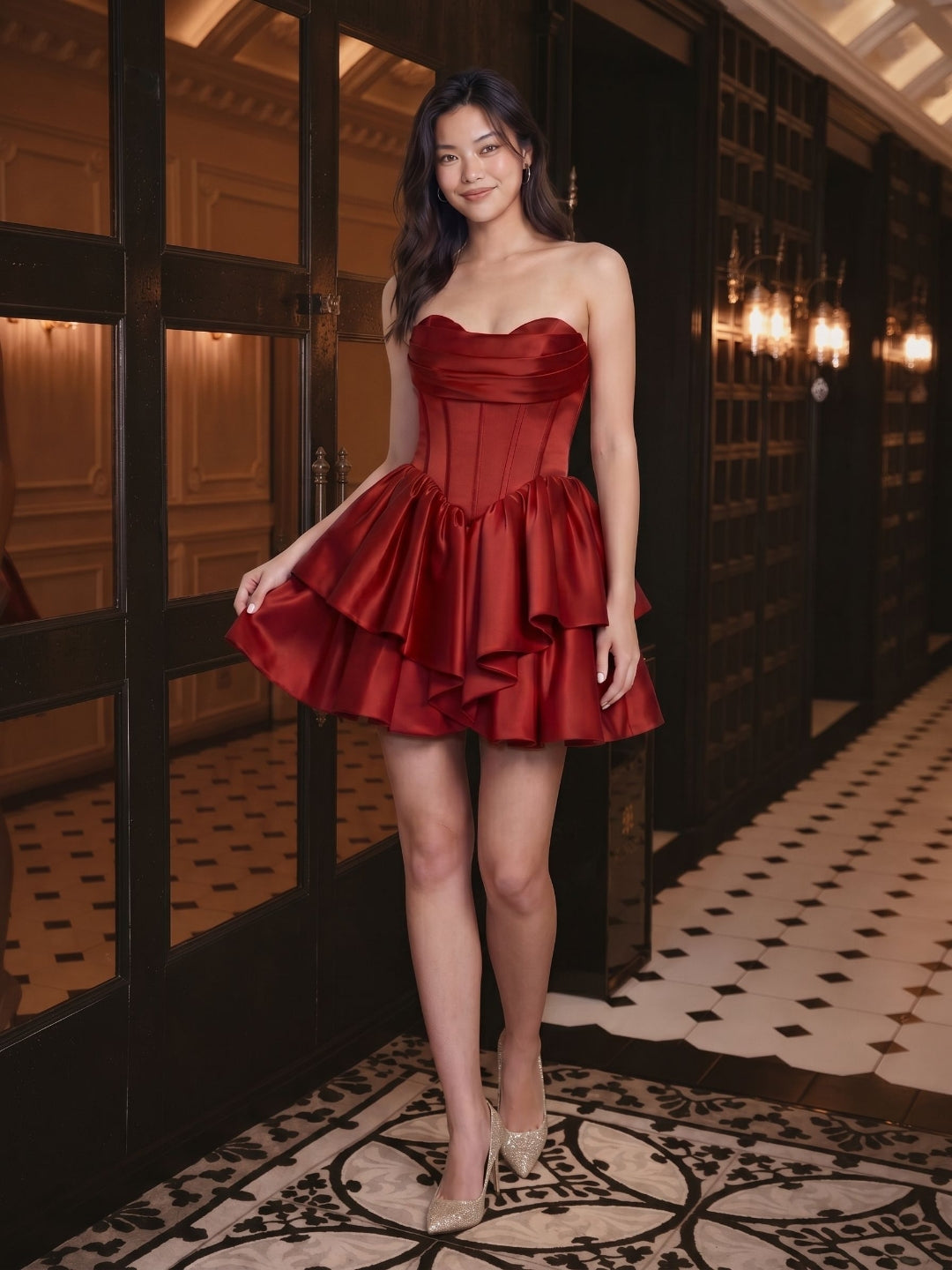 Burgundy Satin A-Line Sweetheart Back Zip Short Homecoming Dress with Pleating
