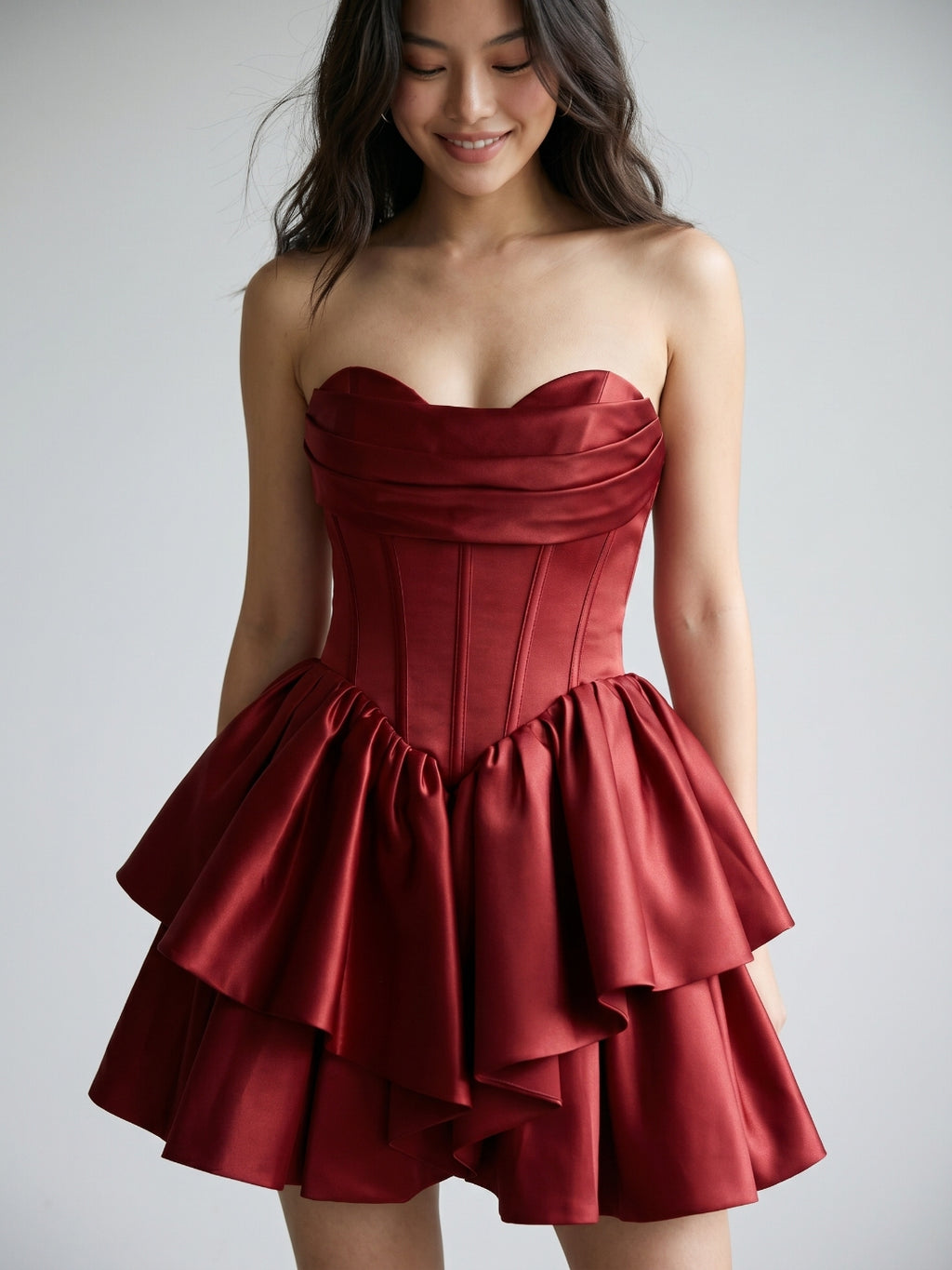 Burgundy Satin A-Line Sweetheart Back Zip Short Homecoming Dress with Pleating