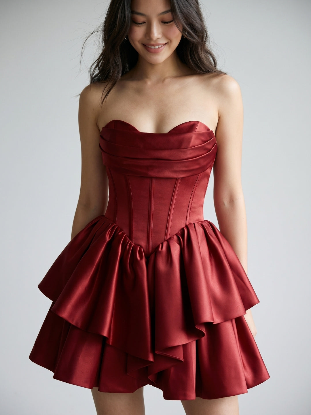 Burgundy Satin A-Line Sweetheart Back Zip Short Homecoming Dress with Pleating