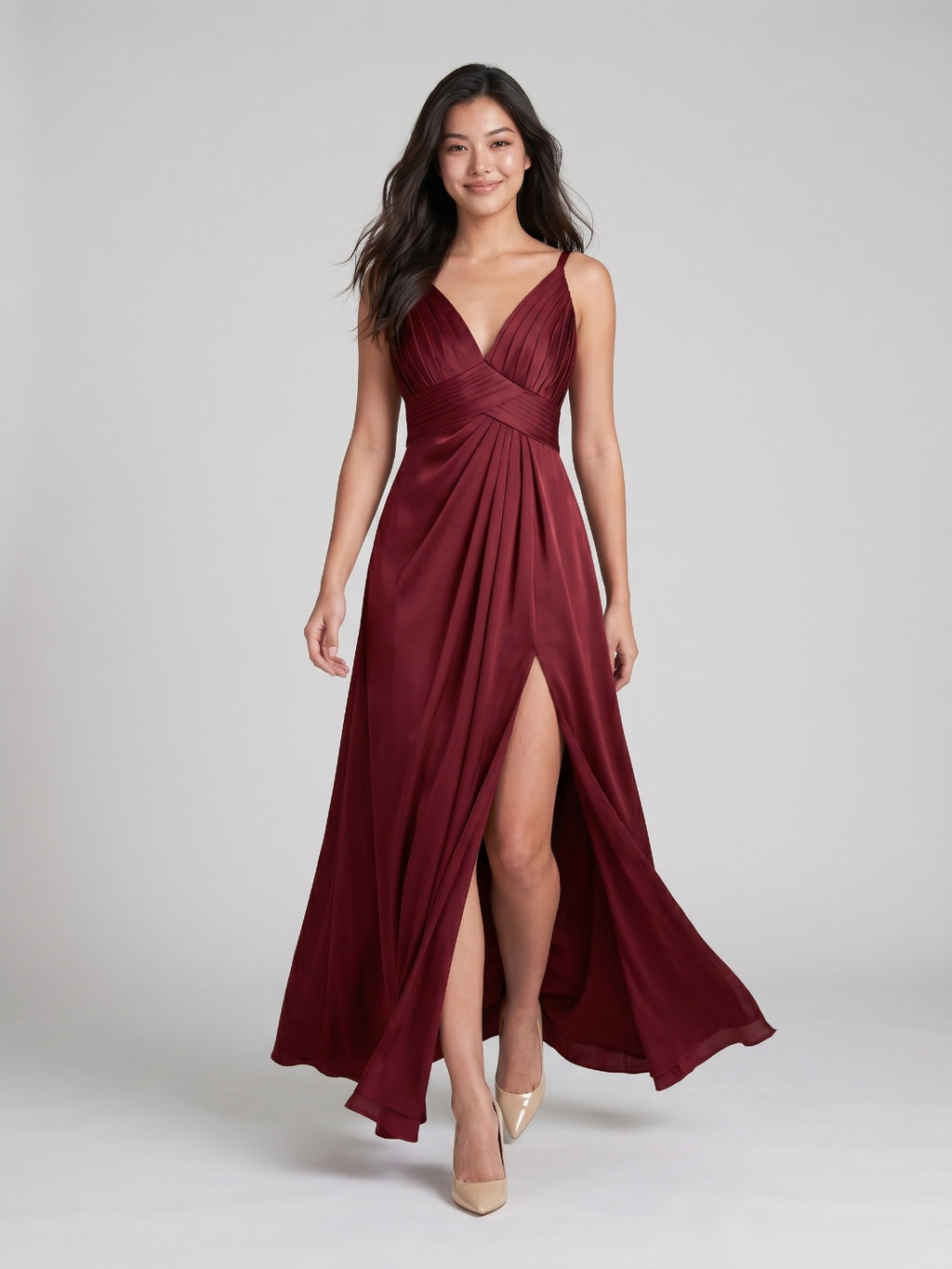 Burgundy Satin A-Line V-Neck V-Back Floor-Length Bridesmaid Dress with Pleating