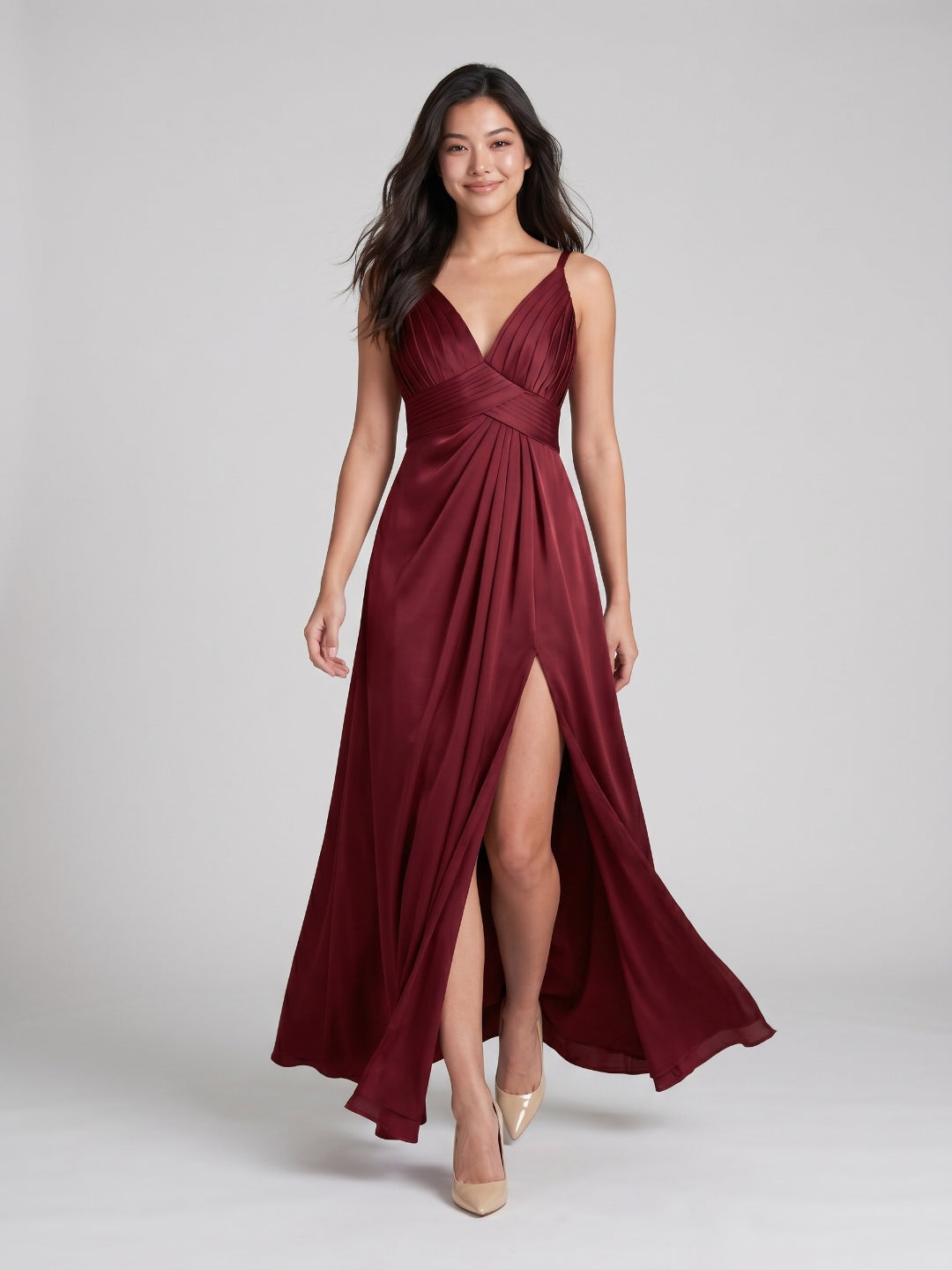 Burgundy Satin A-Line V-Neck V-Back Floor-Length Bridesmaid Dress with Pleating