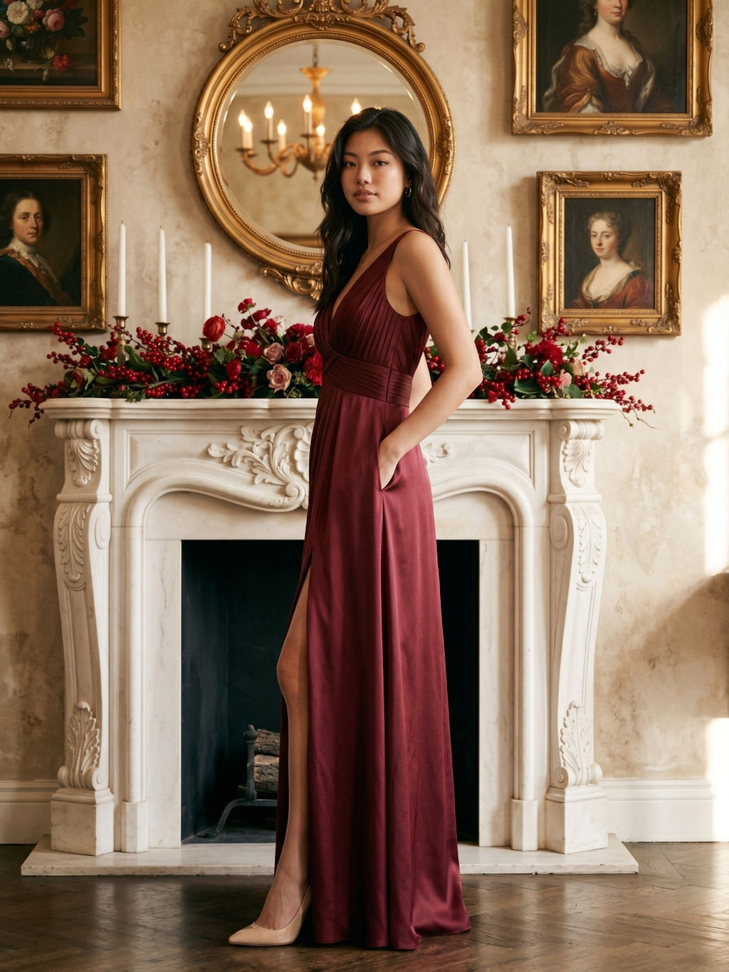 Burgundy Satin A-Line V-Neck V-Back Floor-Length Bridesmaid Dress with Pleating