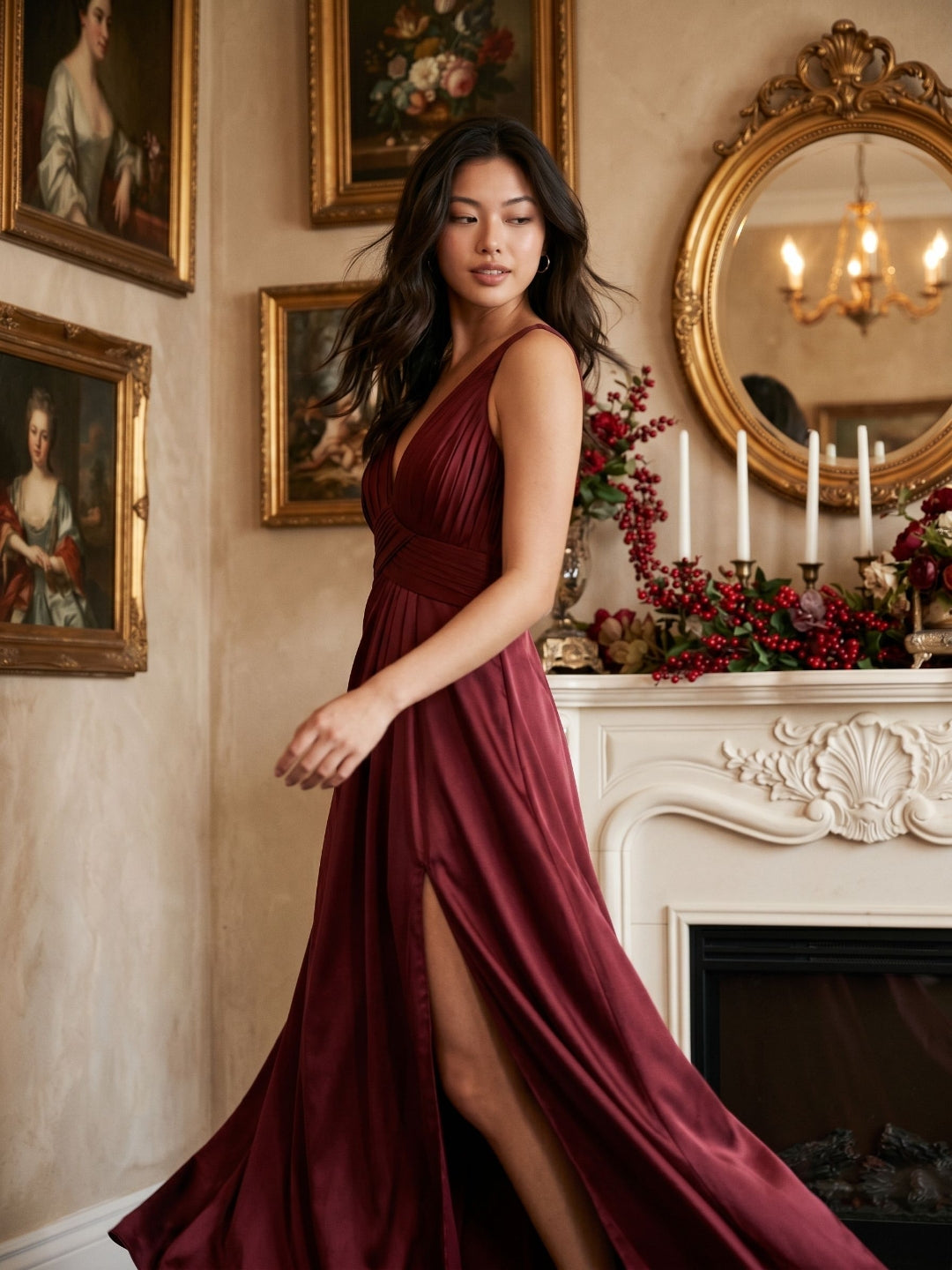 Burgundy Satin A-Line V-Neck V-Back Floor-Length Bridesmaid Dress with Pleating