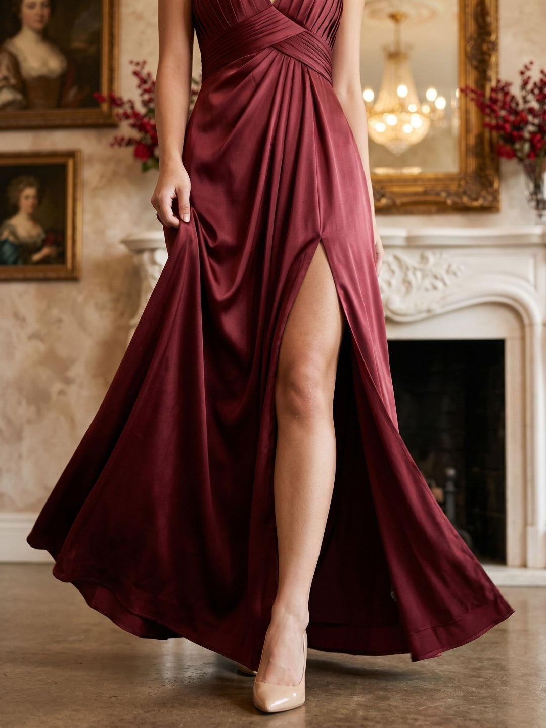 Burgundy Satin A-Line V-Neck V-Back Floor-Length Bridesmaid Dress with Pleating