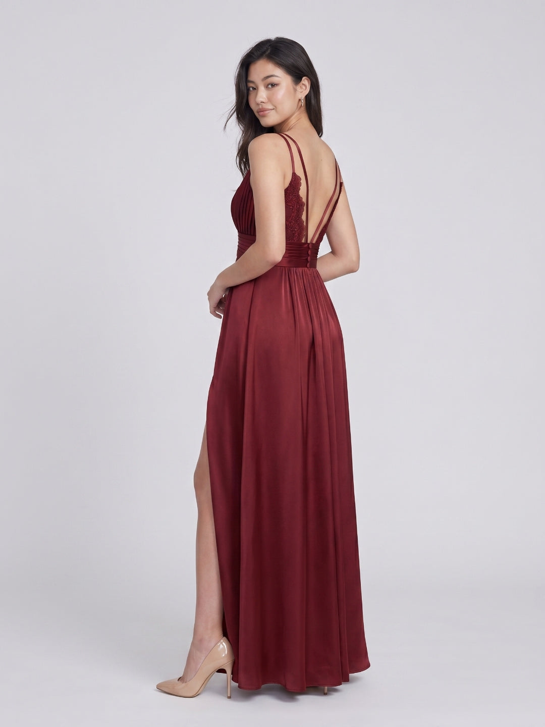 Burgundy Satin A-Line V-Neck V-Back Floor-Length Bridesmaid Dress with Pleating