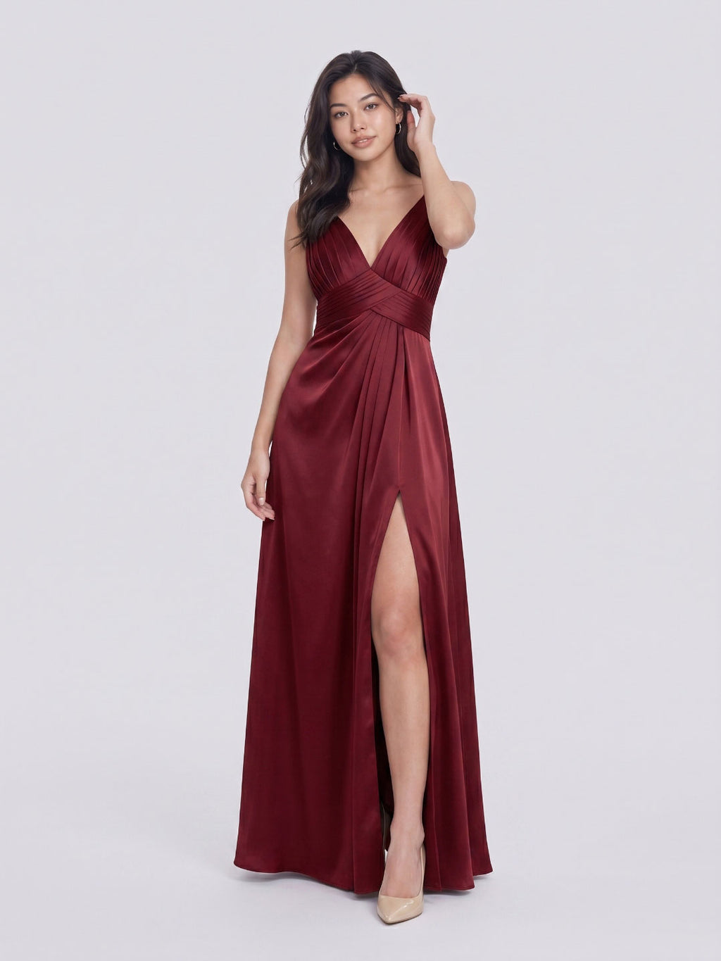 Burgundy Satin A-Line V-Neck V-Back Floor-Length Bridesmaid Dress with Pleating