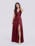 Burgundy Satin A-Line V-Neck V-Back Floor-Length Bridesmaid Dress with Pleating