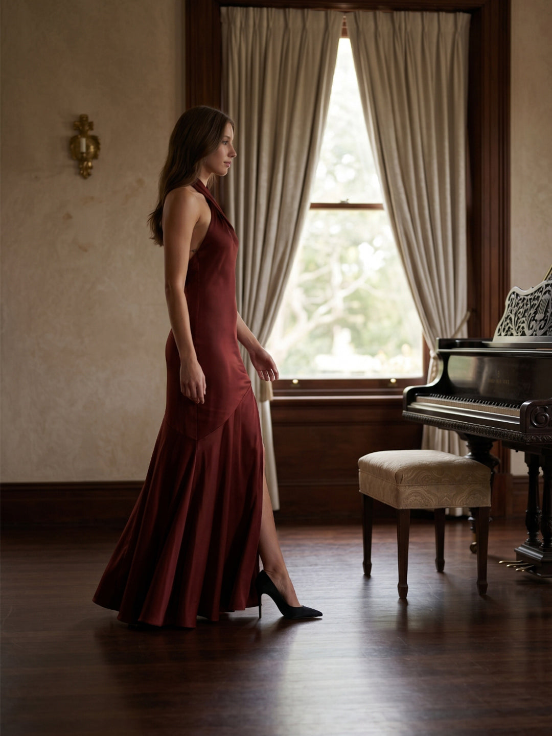 Burgundy Satin Column Halter Backless Ankle-Length Bridesmaid Dress with Ruffles