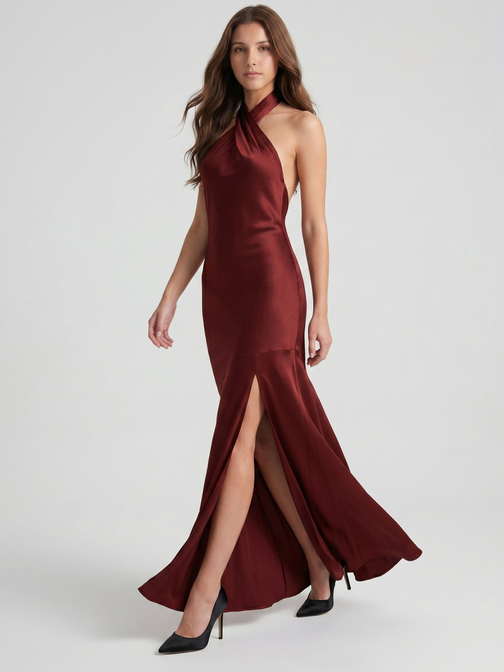 Burgundy Satin Column Halter Backless Ankle-Length Bridesmaid Dress with Ruffles