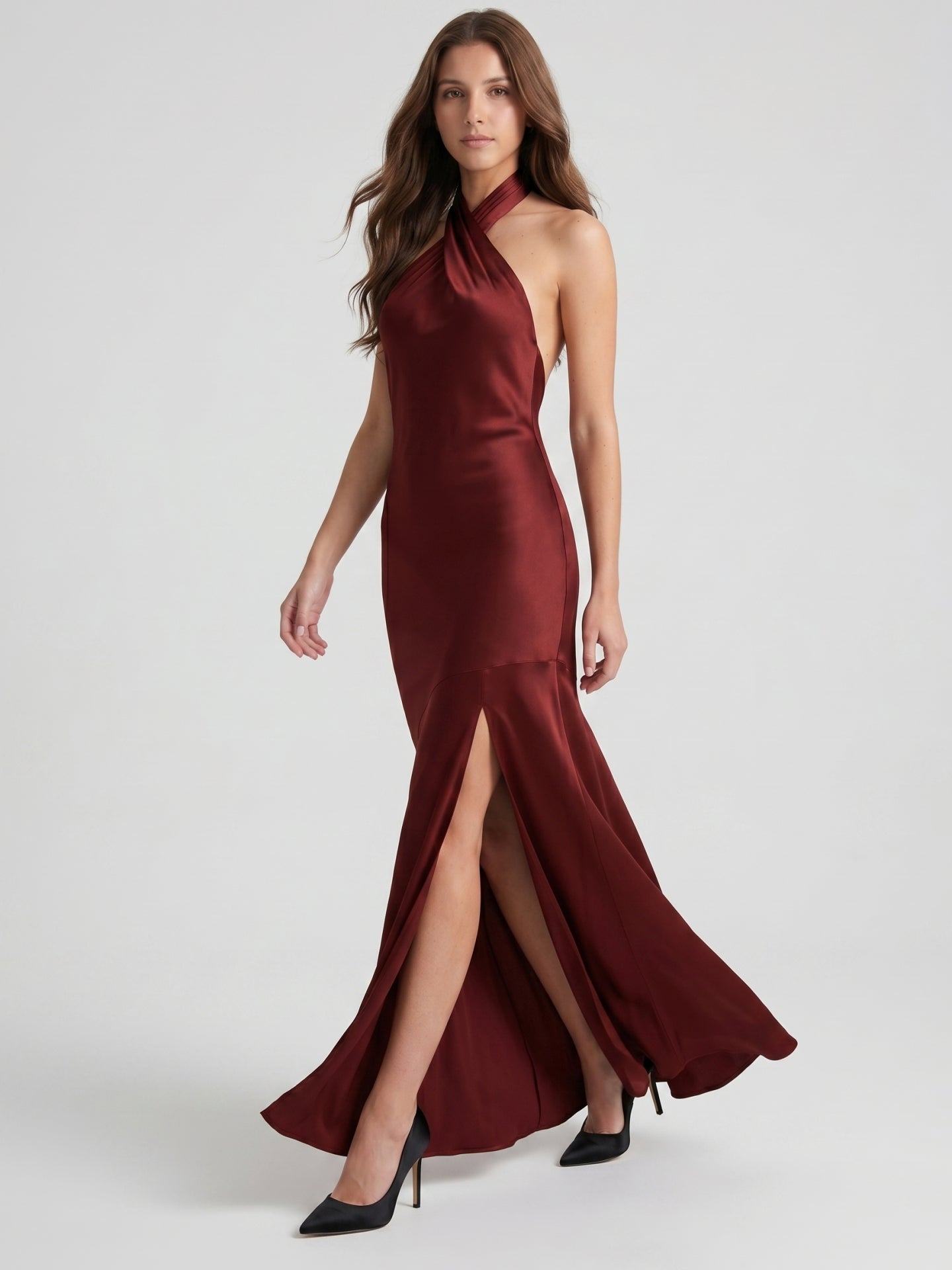 Burgundy Satin Column Halter Backless Ankle-Length Bridesmaid Dress with Ruffles