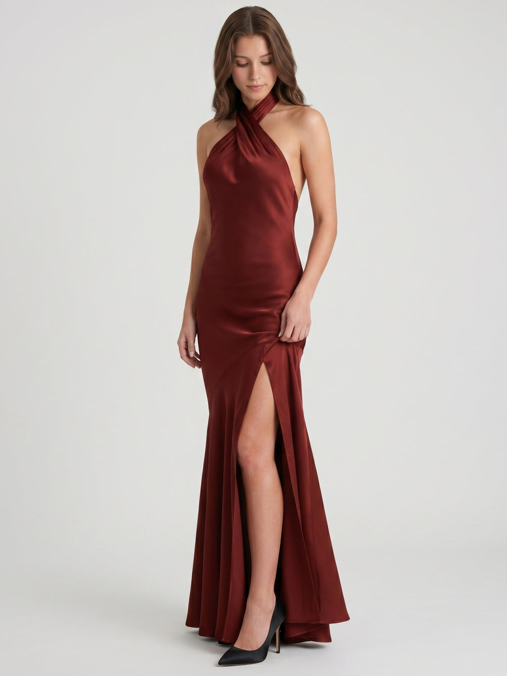Burgundy Satin Column Halter Backless Ankle-Length Bridesmaid Dress with Ruffles