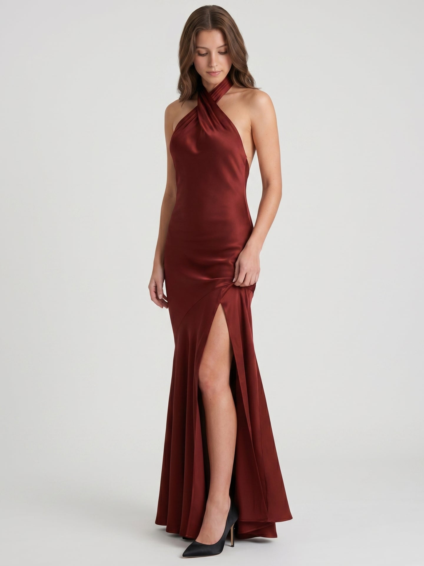Burgundy Satin Column Halter Backless Ankle-Length Bridesmaid Dress with Ruffles