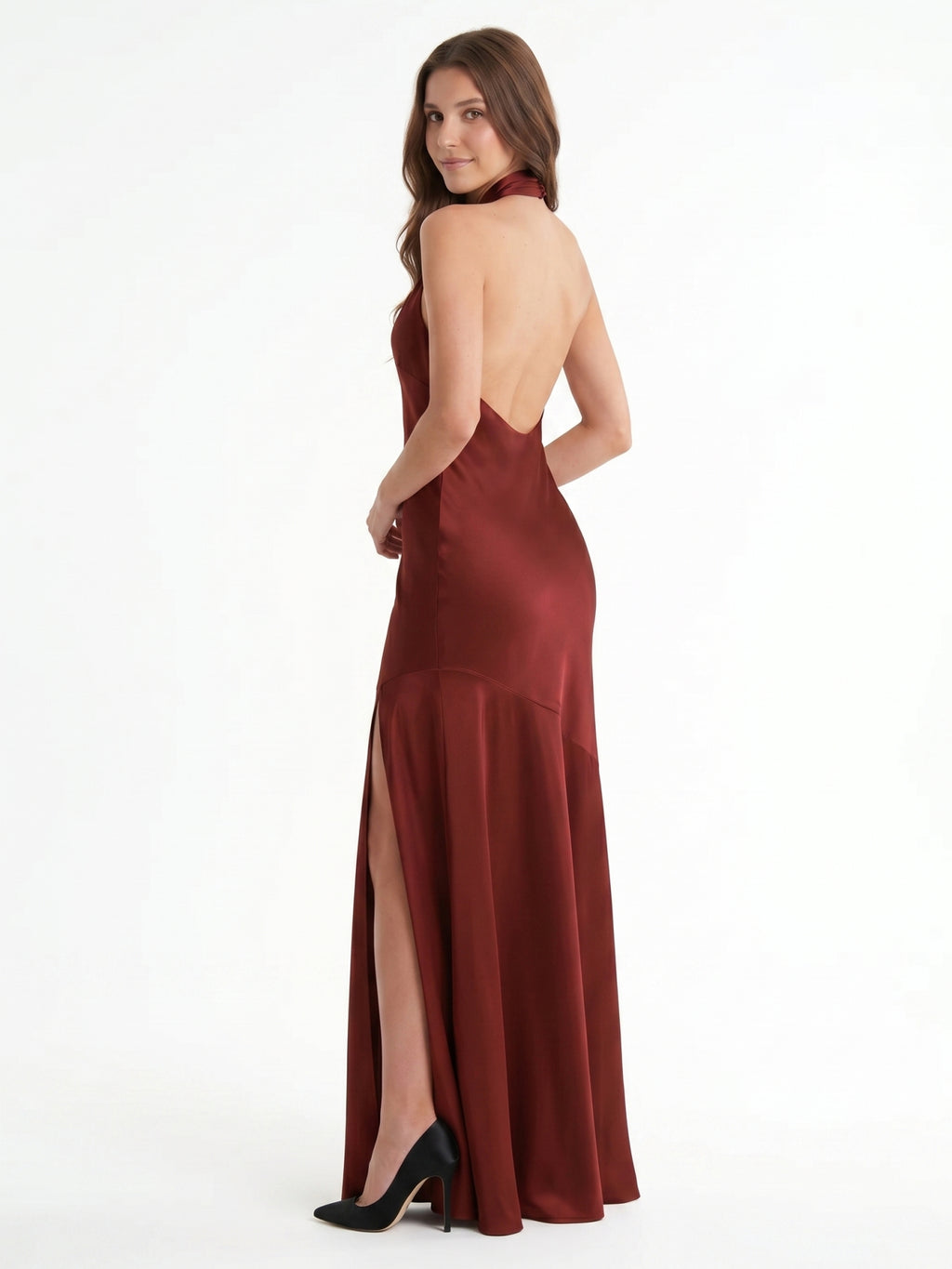 Burgundy Satin Column Halter Backless Ankle-Length Bridesmaid Dress with Ruffles