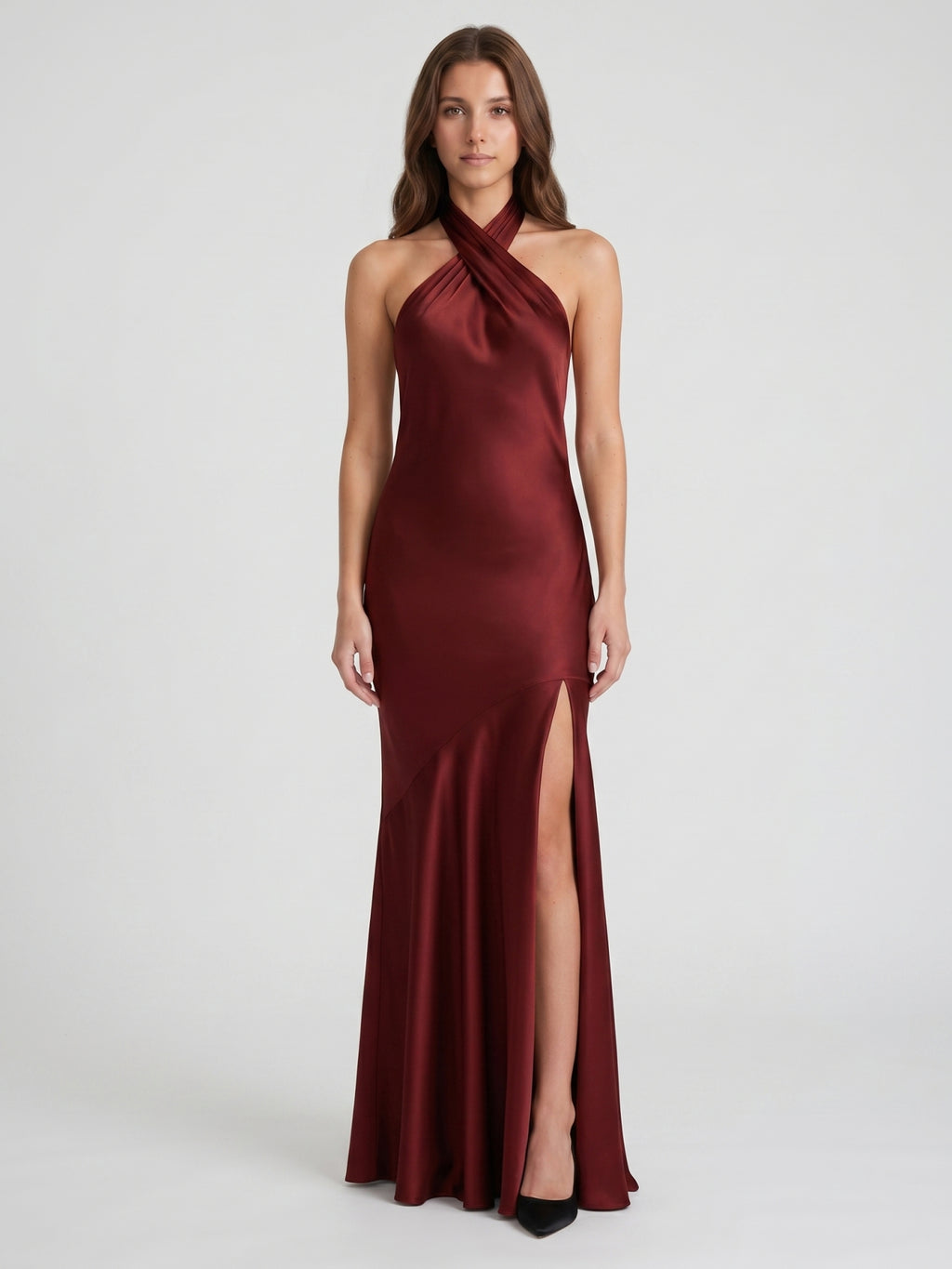 Burgundy Satin Column Halter Backless Ankle-Length Bridesmaid Dress with Ruffles