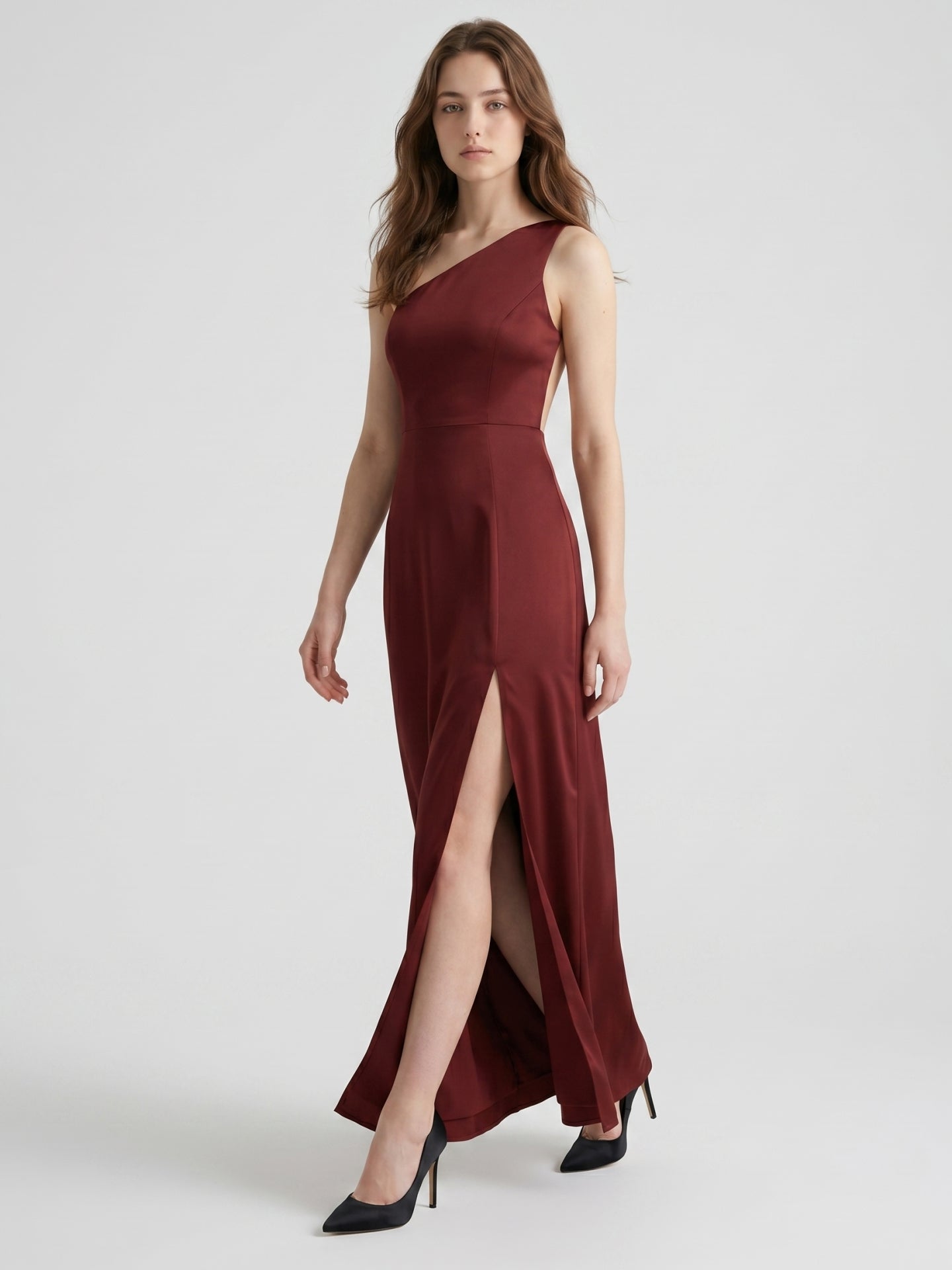 Burgundy Satin Column One Shoulder Lace-up Ankle-Length Bridesmaid Dress