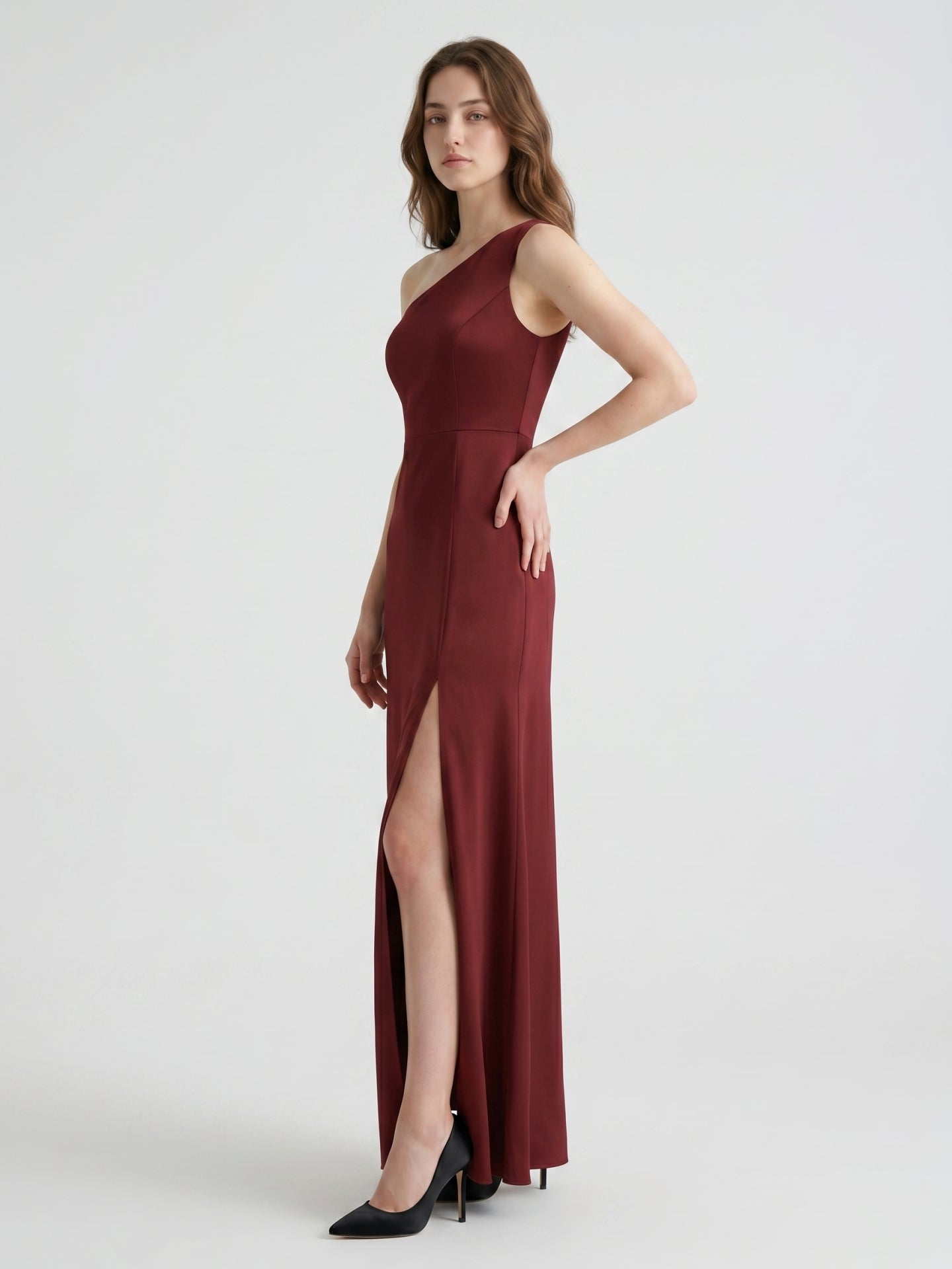 Burgundy Satin Column One Shoulder Lace-up Ankle-Length Bridesmaid Dress