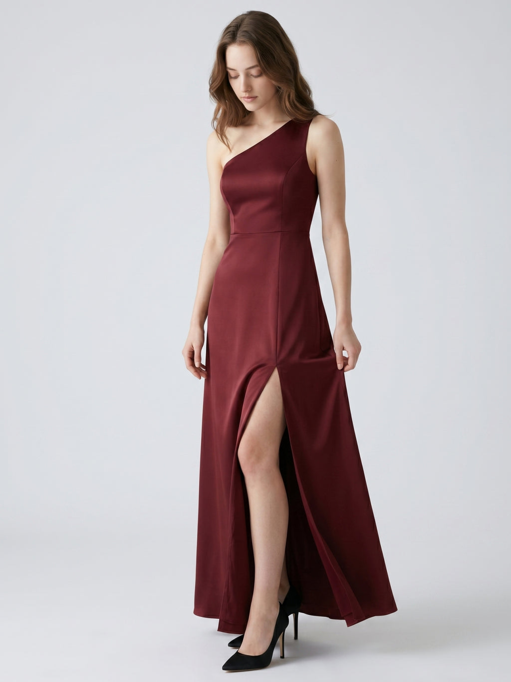 Burgundy Satin Column One Shoulder Lace-up Ankle-Length Bridesmaid Dress