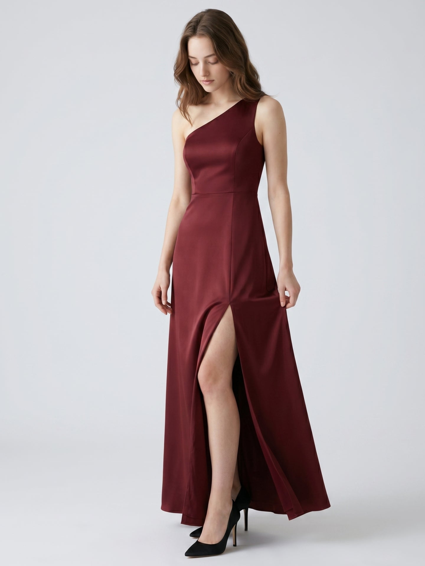 Burgundy Satin Column One Shoulder Lace-up Ankle-Length Bridesmaid Dress