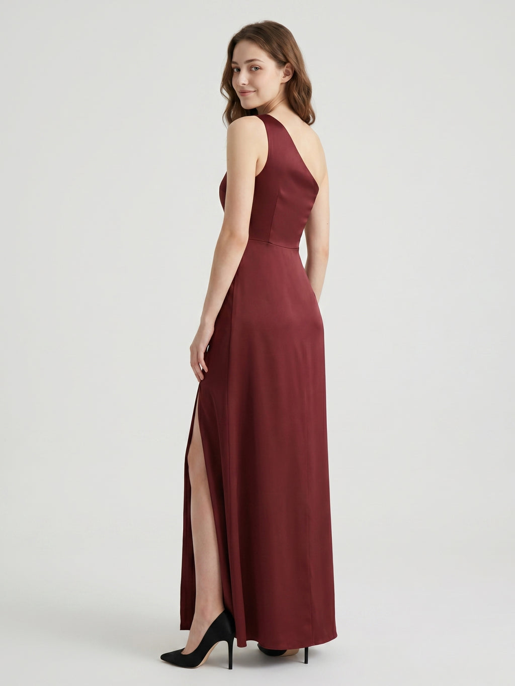 Burgundy Satin Column One Shoulder Lace-up Ankle-Length Bridesmaid Dress