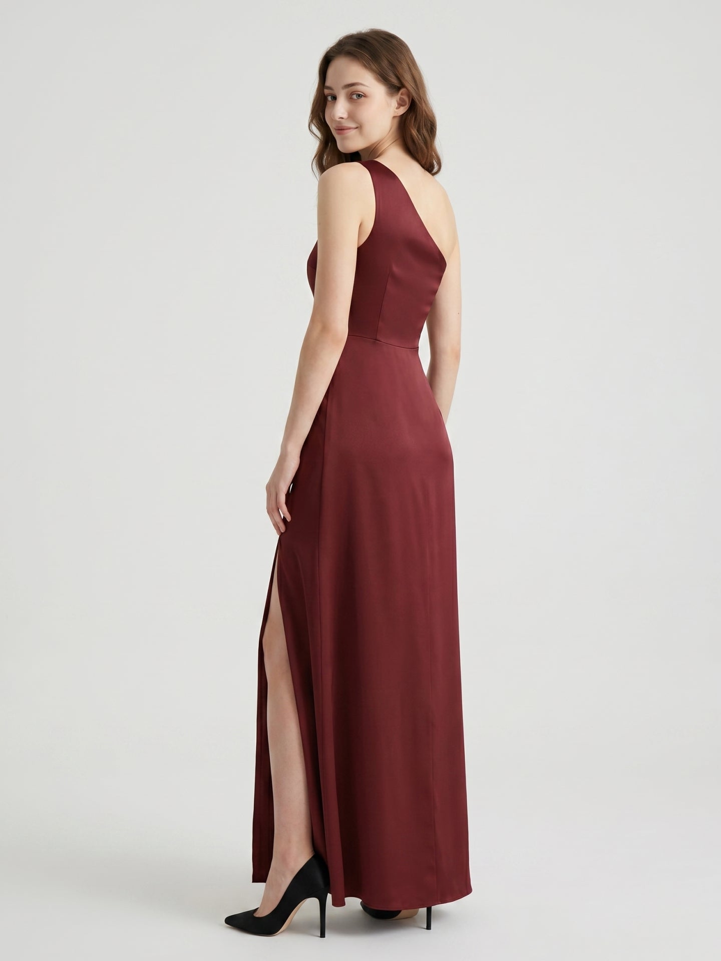 Burgundy Satin Column One Shoulder Lace-up Ankle-Length Bridesmaid Dress