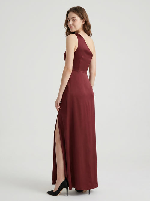 Burgundy Satin Column One Shoulder Lace-up Ankle-Length Bridesmaid Dress