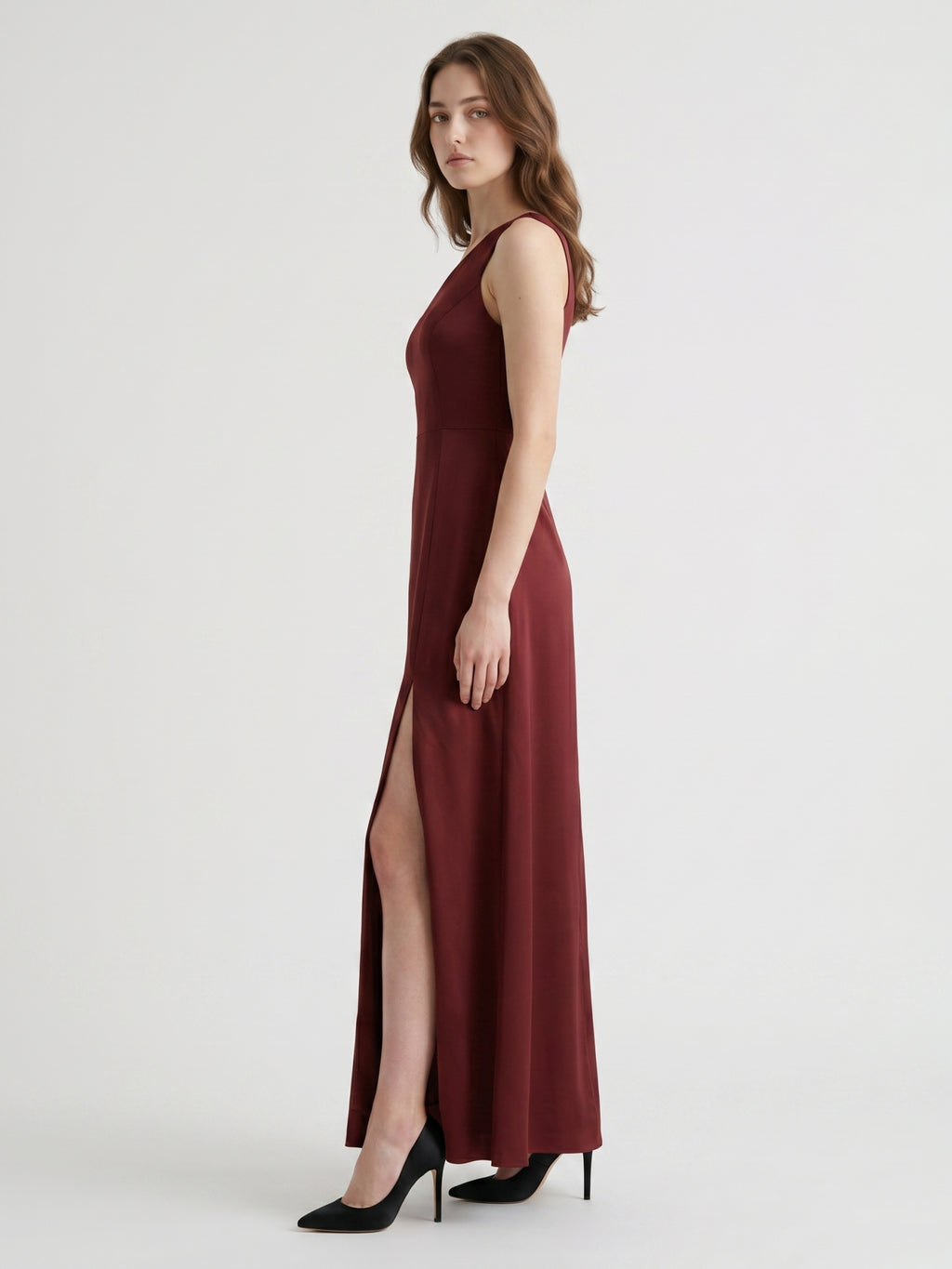 Burgundy Satin Column One Shoulder Lace-up Ankle-Length Bridesmaid Dress