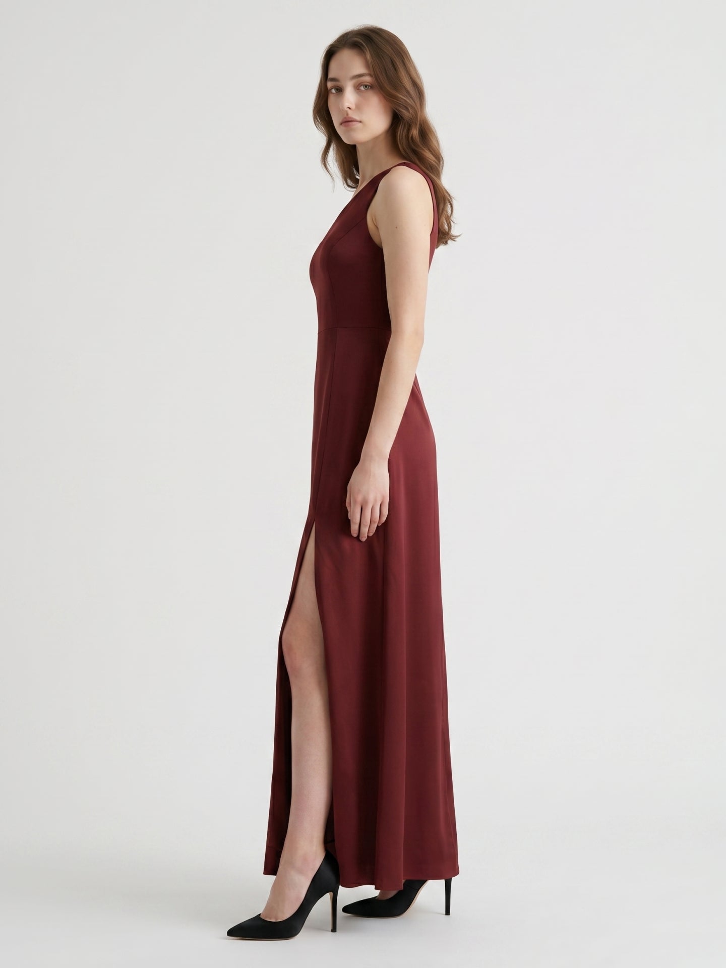 Burgundy Satin Column One Shoulder Lace-up Ankle-Length Bridesmaid Dress
