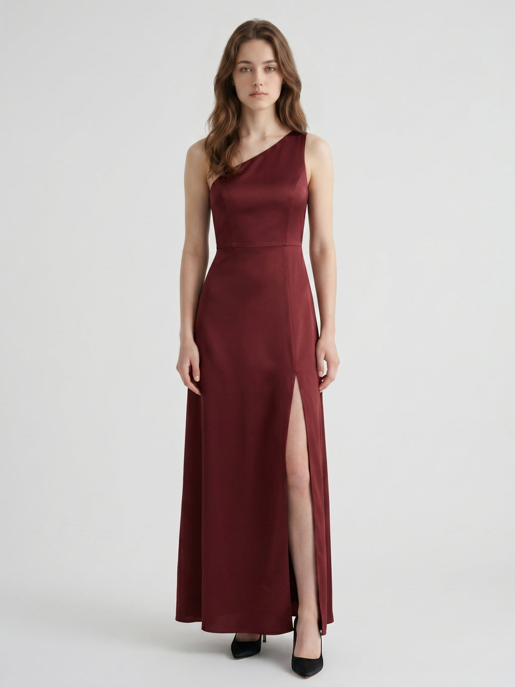 Burgundy Satin Column One Shoulder Lace-up Ankle-Length Bridesmaid Dress